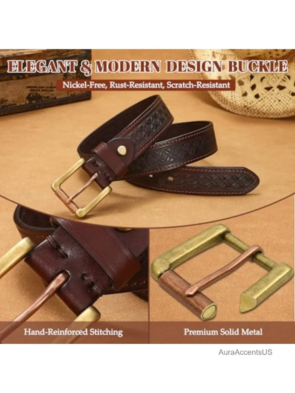 Italian Full Grain Leather Belt with Metal Buckle, Adjustable 7 Holes